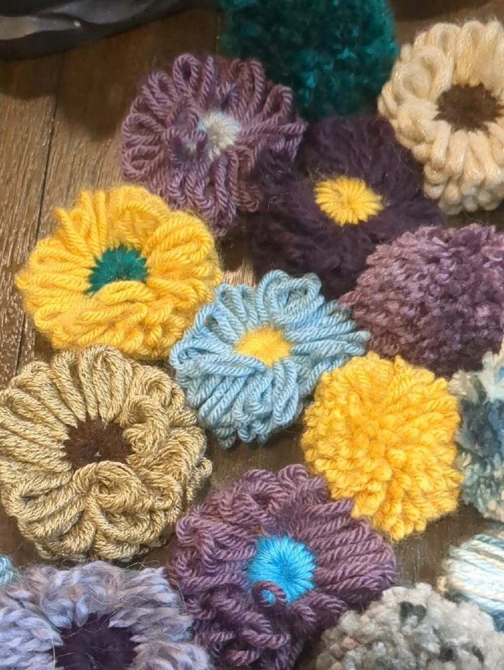 22 Handmade Multicolor Yarn Pom-Pom and Flower Accents - Home Accents